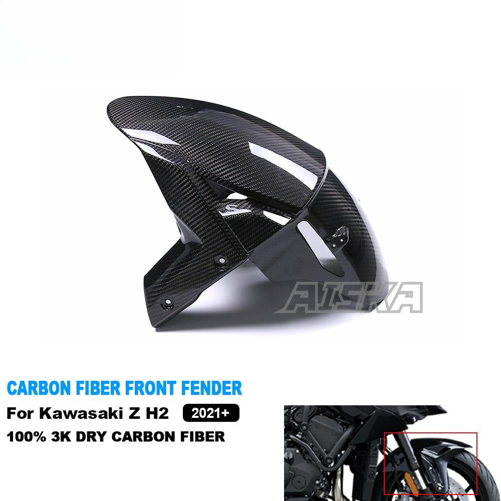 AISKA Full 3K Dry Carbon Fiber Motorcycle Front Fender Hugger Mud Splash Mudguard for Kawasaki Z H2 2021 2022 2023 2024