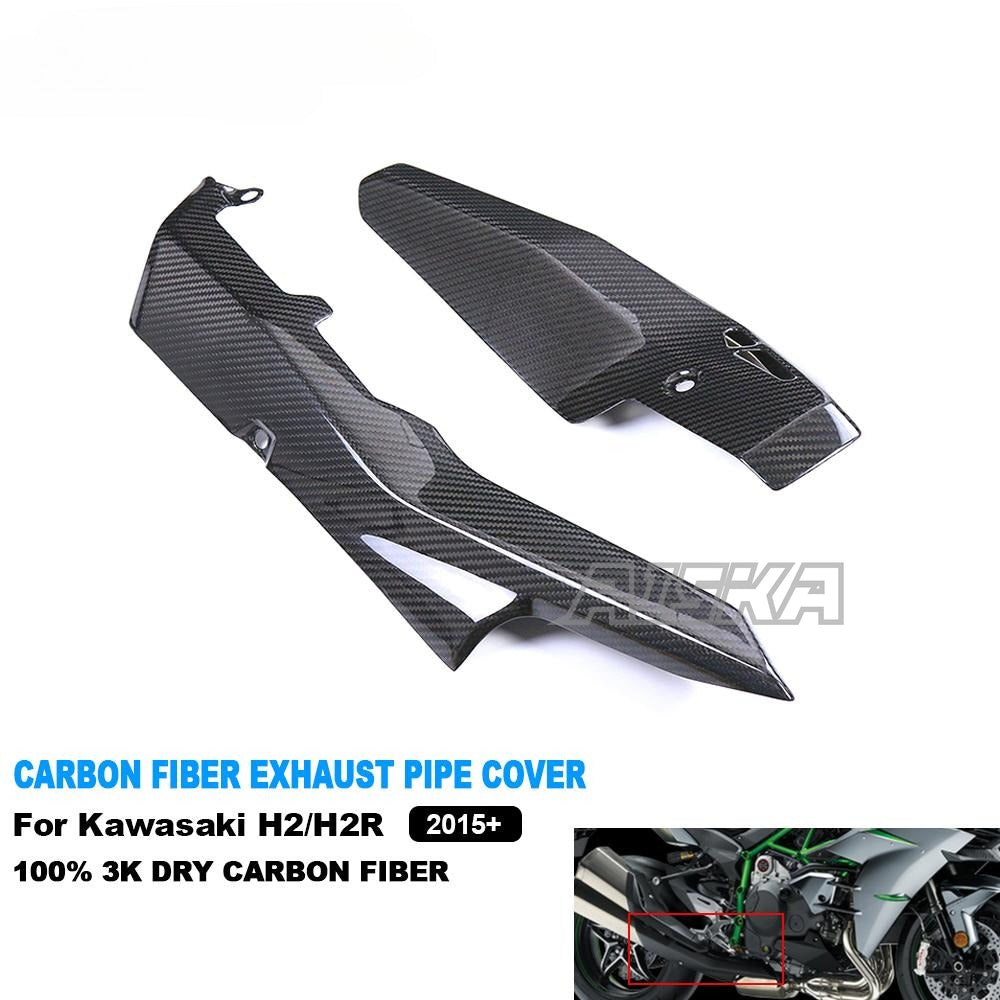 AISKA Full 3K Dry Carbon Fiber Motorcycle Exhaust Pipe Heat Shield Cover Fairing Compatible with Kawasaki Ninja H2 H2R 2015-2024