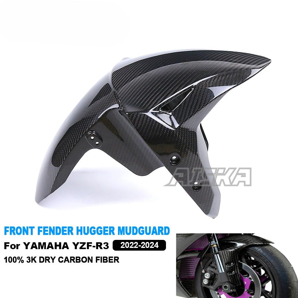 AISKA 100% Dry Carbon Fiber R3 Fender Motorcycle Front Fender Splash Hugger Mudguard for Yamaha YZF-R3 YZF R3 2022 2023 2024