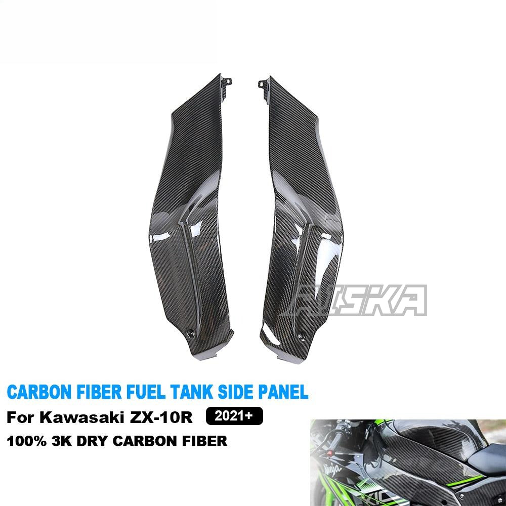 AISKA 3K Dry Carbon Fiber Motorcycle Front Fuel Tank Side Panels Plate Fairing for Kawasaki ZX10R ZX-10R 2021 2022 2023 2024