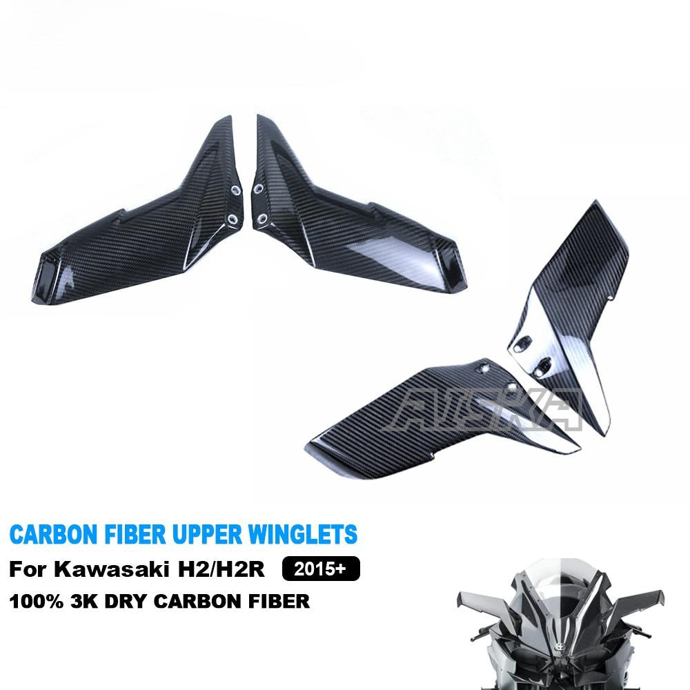 AISKA Full 3K Dry Carbon Fiber Aerodynamic Wing Spoiler Motorcycle Upper Winglets for Kawasaki Ninja H2 H2R 2015-2024