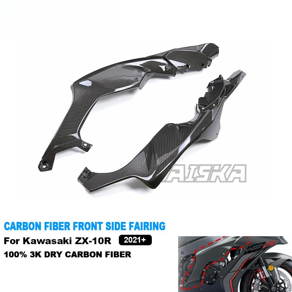 AISKA 3K Dry Carbon Fiber Motorcycle Front Side Frame Fairing Cowl for Kawasaki Ninja ZX10R ZX-10R 2021 2022 2023 2024