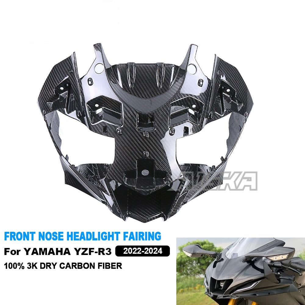 AISKA 100% Dry Carbon Fiber R3 Fairing Motorcycle Front Nose Upper Headlight Fairing for Yamaha R3 2022 2023 2024