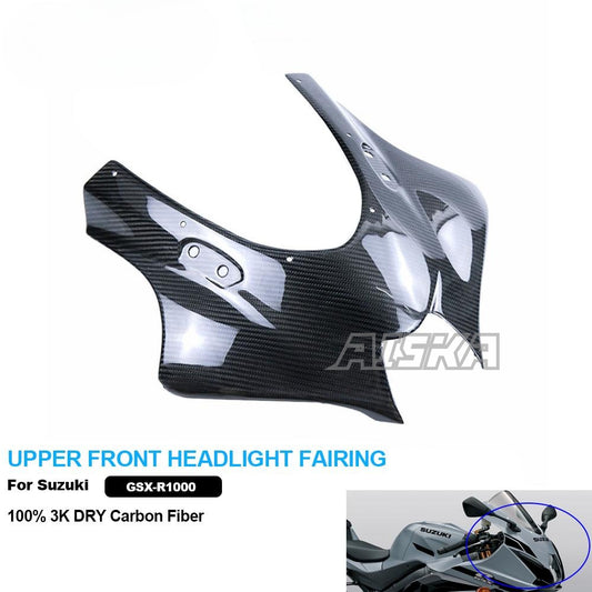 AISKA 100% 3K Dry Carbon Fiber Motorcycle  Accessories Upper Front Headlight Fairing for Suzuki GSXR1000 2017+
