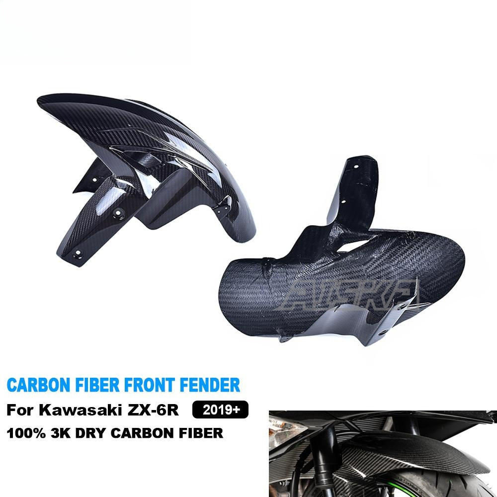 AISKA 3K Dry Carbon Fiber Motorcycle Front Fender Hugger Mudguard Fairing for Kawasaki Ninja ZX-6R 2019-2024