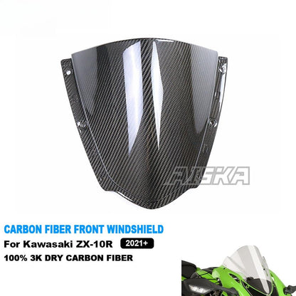 AISKA 3K Dry Carbon Fiber Motorcycle Front Wind Deflectors Windshield WindScreen for Kawasaki ZX10R ZX-10R 2021 2022 2023 2024