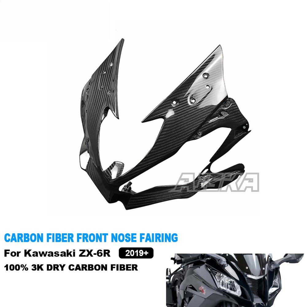 AISKA 3K Dry Carbon Fiber Motorcycle Front Nose Headlight Cover Fairing Cowl for Kawasaki ZX-6R 2019-2024