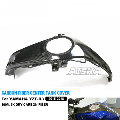 AISKA 100% Dry Carbon Fiber Fuel Tank Cover Motorcycle Middle Center Fuel Tank Cover Panel for Yamaha R3 2015 2016 2017 2018