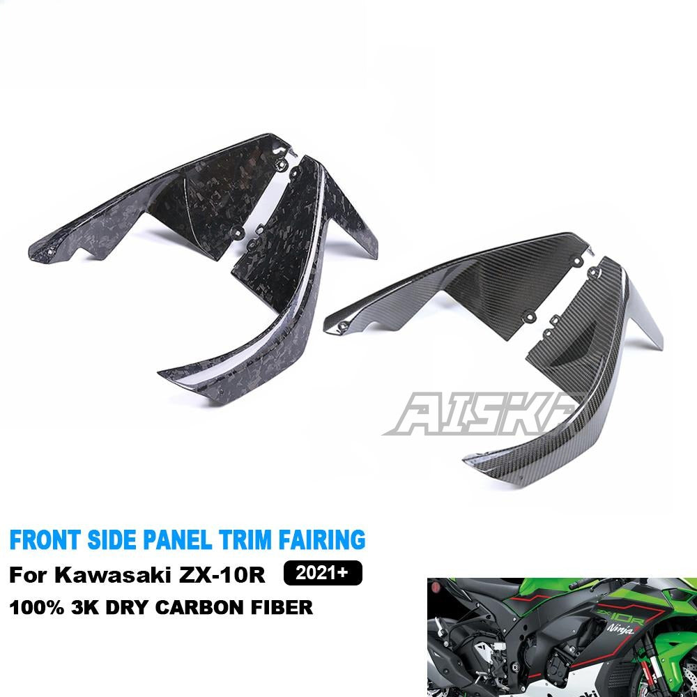 AISKA 3K Dry Carbon Fiber Motorcycle Front Trim Side Panels Radiator Cover Cowl for Kawasaki ZX10R ZX-10R 2021 2022 2023 2024