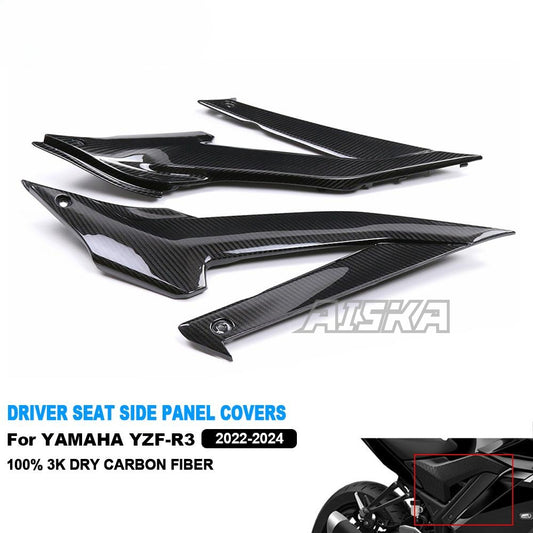 AISKA 100% Full Dry Carbon Fiber Rear Seat Side Panel Full Carbon Fiber Seat Side Tank Side Fairing for Yamaha R3 2022 2023 2024