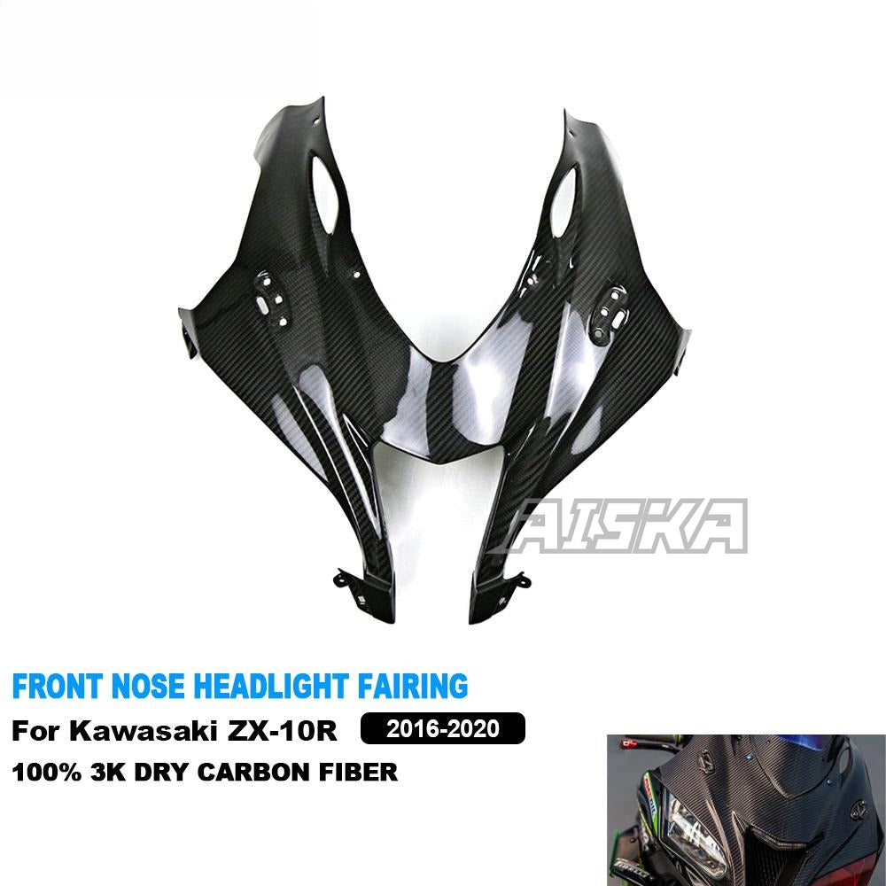 AISKA 3K Dry Carbon Fiber Motorcycle Front Fairing Headlight Nose Panel Cover for Kawasaki Ninja ZX10R ZX-10R 2016-2020