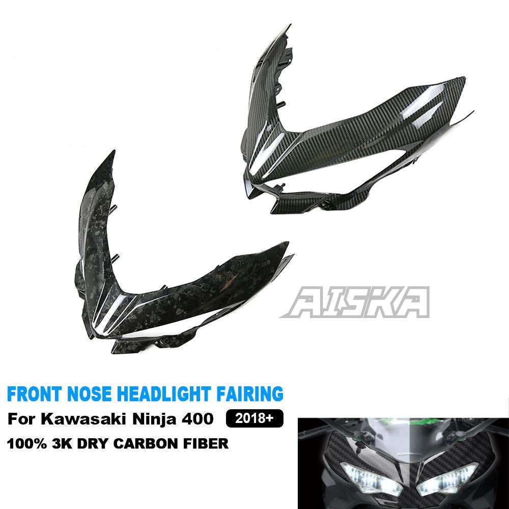 AISKA 100% 3K Dry Carbon Fiber Motorcycle Accessories Front Nose Headlight Cover Fairing for Kawasaki Ninja 400 2018-2024
